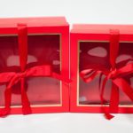 W9571red Red Square Flower Boxes With Window and Ribbon Set of 2
