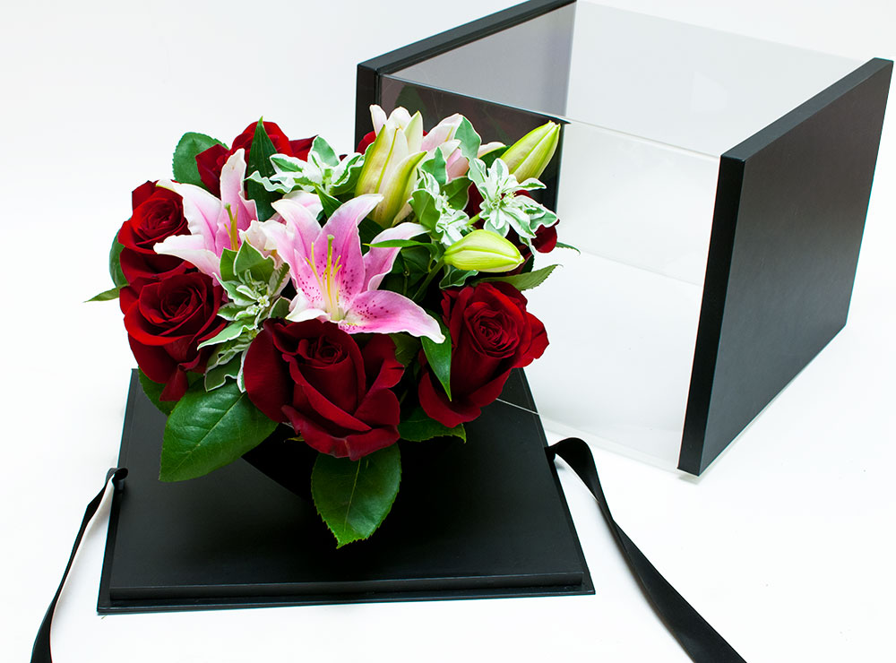 Black Acrylic Flower Box with Tilted Heart