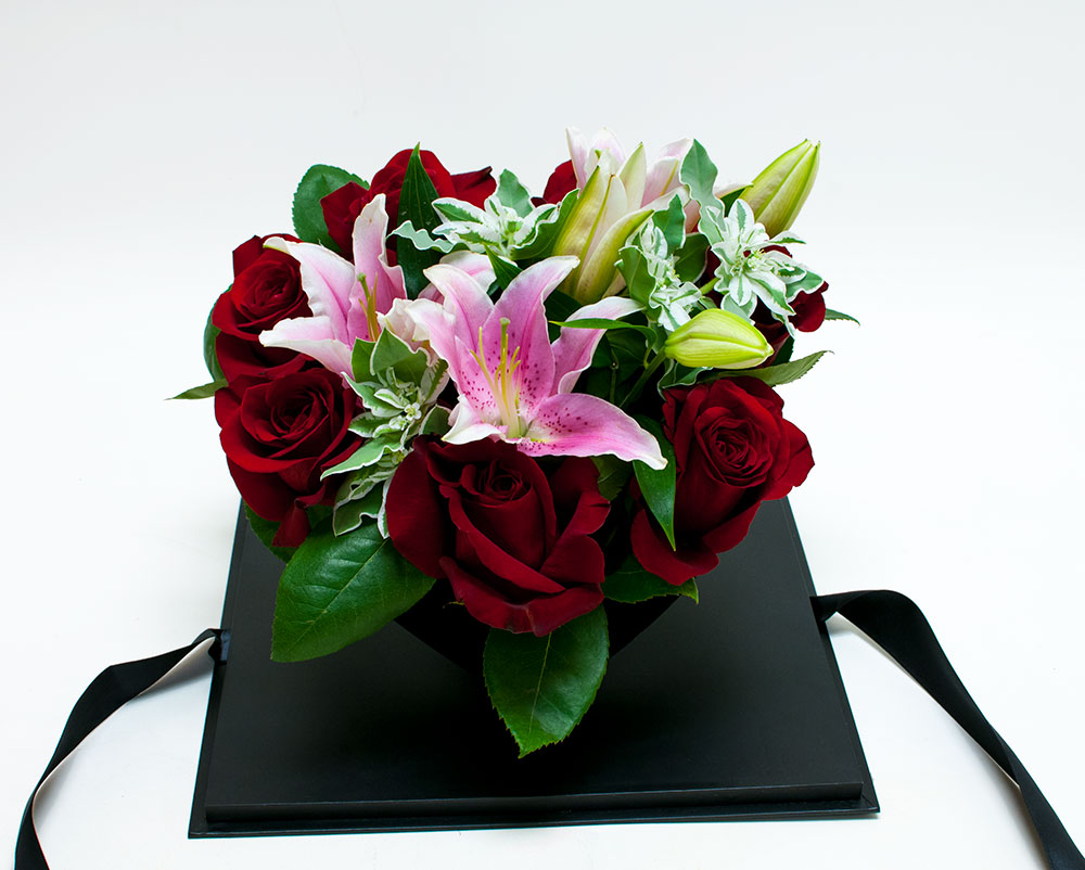 Black Acrylic Flower Box with Tilted Heart