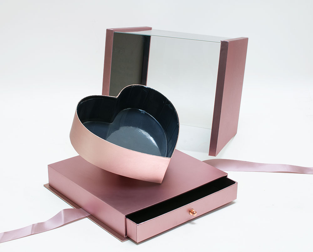 Rose Gold Acrylic Flower Box with Drawer and Ribbon