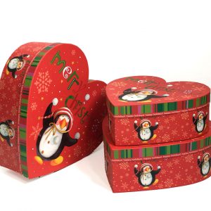 W7844 Red Christmas Penguins Heart Shape Flower Boxes Set of 3