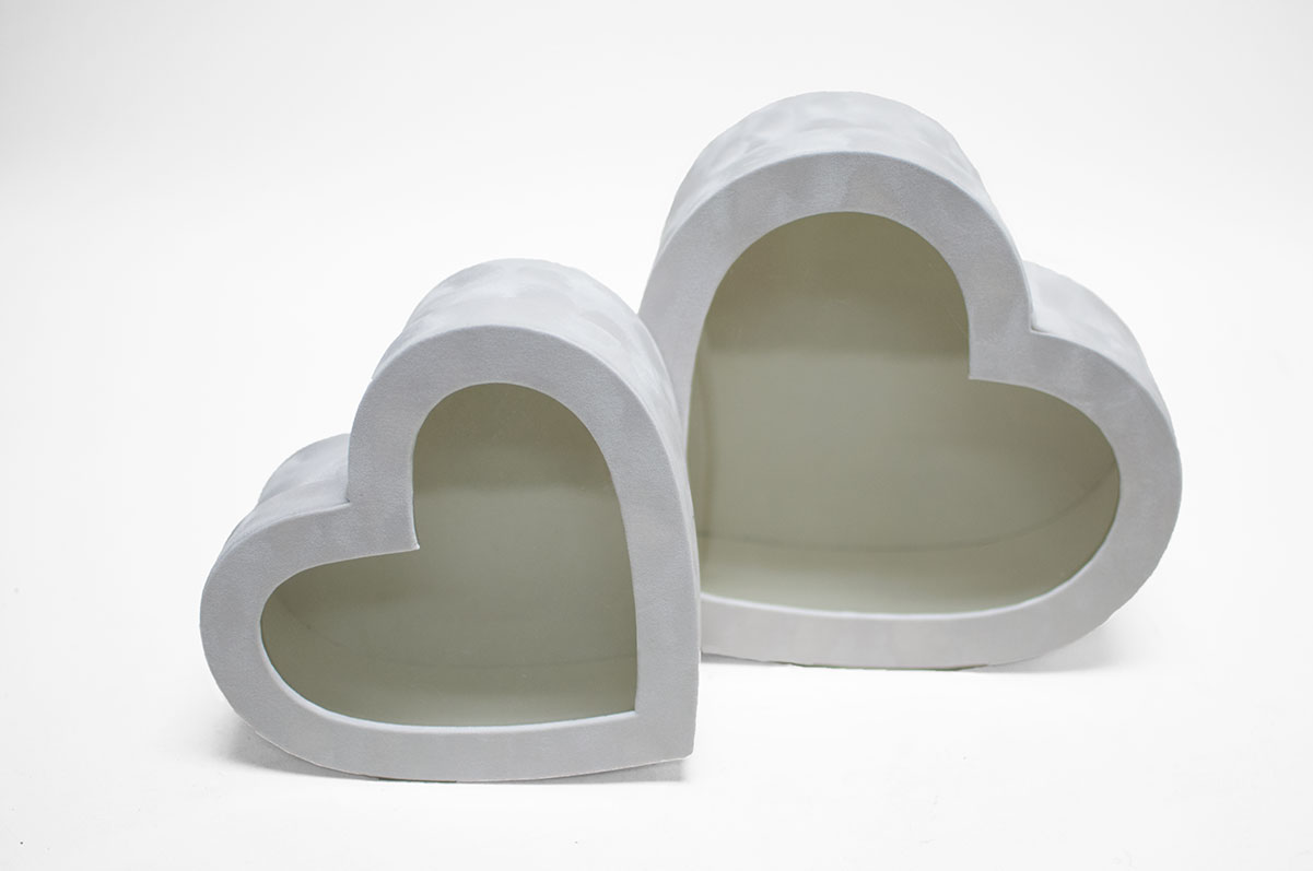 w7759 White Velvet Heart Shaped Flower Box with Window Set of 2
