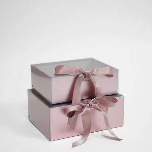 W7970 Rose Gold Rectangular Flower Boxes With Clear Lid and Ribbon Set of 2