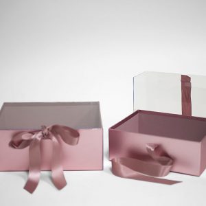 W7970 Rose Gold Rectangular Flower Boxes With Clear Lid and Ribbon Set of 2
