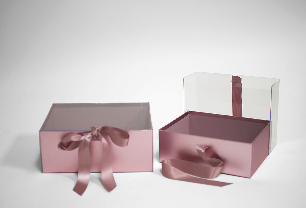 W7970 Rose Gold Rectangular Flower Boxes With Clear Lid and Ribbon Set of 2